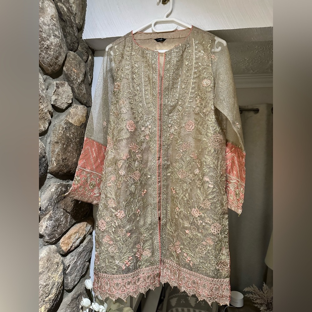 Pakistani Sapphire Embellished Organza Kurta in Sage & Petal - Size S